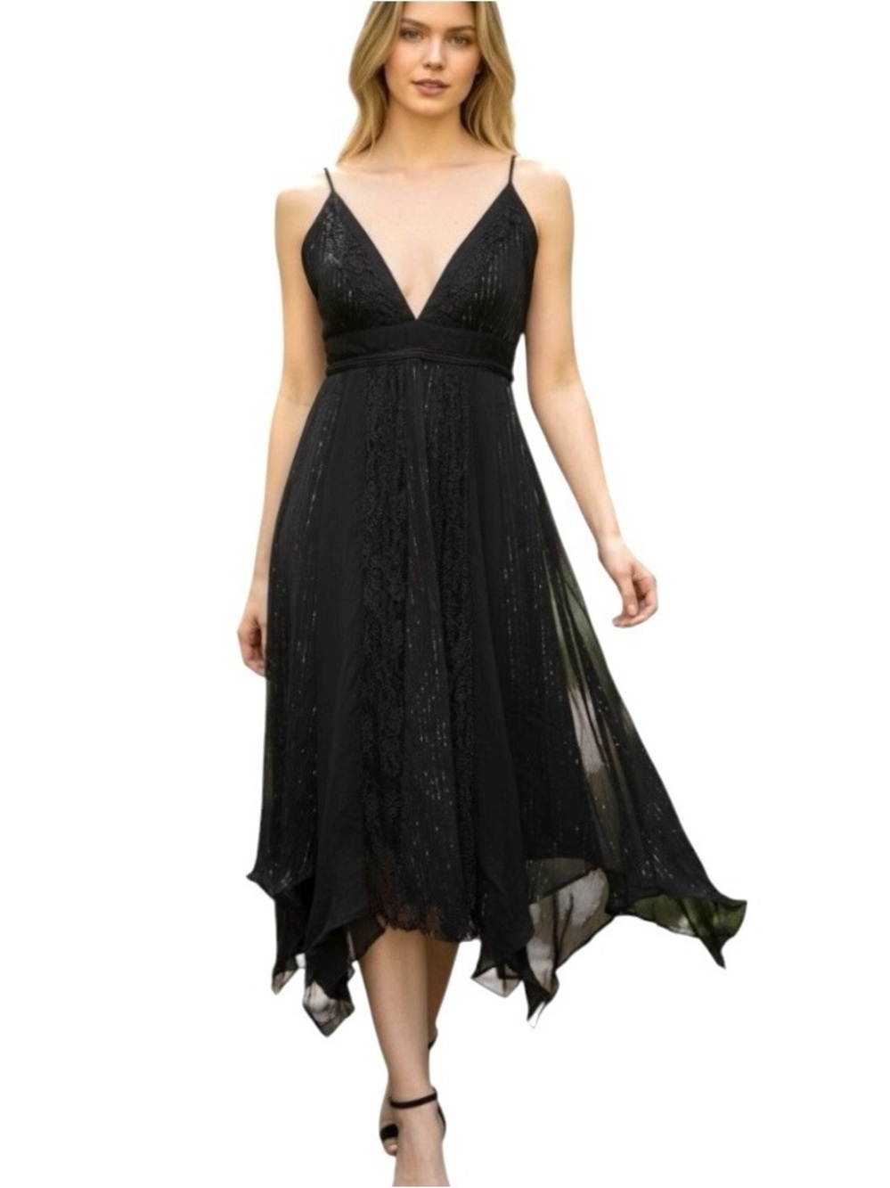 Escote Black Midi Dress Lace Whimsy SZ L EUC